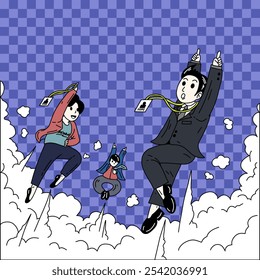 Three characters in business attire, jumping or flying upwards through a cloudy sky. Each character holds an ID card, with expressions suggesting excitement or surprise