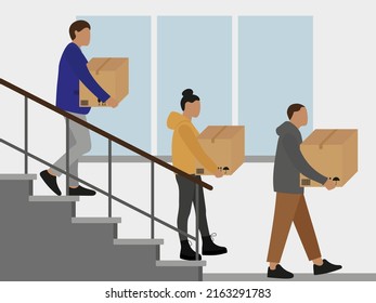 Three characters with cardboard boxes in their hands go down the stairs