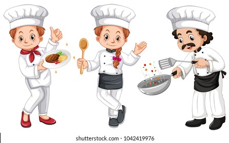 Ilustración de tres personajes de chefs