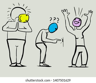 Three characters are in different poses. One of them laid his head on his shoulder, the second person presses a button. The third man rejoices, raising his hands up.

