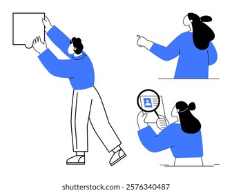 Three characters engage in various activities including pointing, inspecting with a magnifying glass, and reaching up. Ideal for teamwork, presentation, analysis, inspection, and collaboration