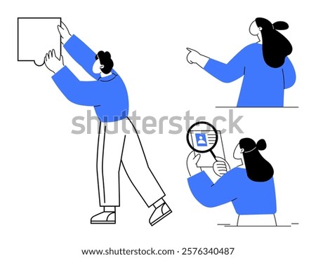 Three characters engage in various activities including pointing, inspecting with a magnifying glass, and reaching up. Ideal for teamwork, presentation, analysis, inspection, and collaboration