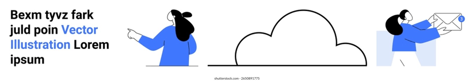 Three characters interact with cloud computing elements one points to text, another holds an envelope. Ideal for tech, teamwork, security, cloud storage, data transfer, digital communication, online