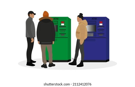 Three characters in jackets stand near an ATMs on a white background