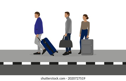 Three characters with luggage stand on the sidewalk on a white background