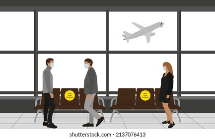 Three characters in medical masks stand near chairs with a sticker "Keep your distance" at the airport