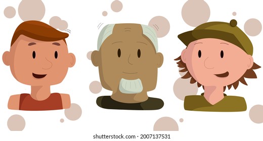 three characters of men of different ages and appearance on a white and beige background