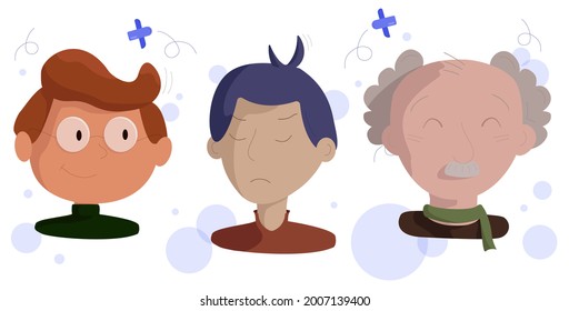 three characters of men of different ages and appearance on a white and beige background