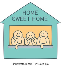 Three characters on the window of house in comfortable atmosphere as simple concept of sweet home - vector line art illustration