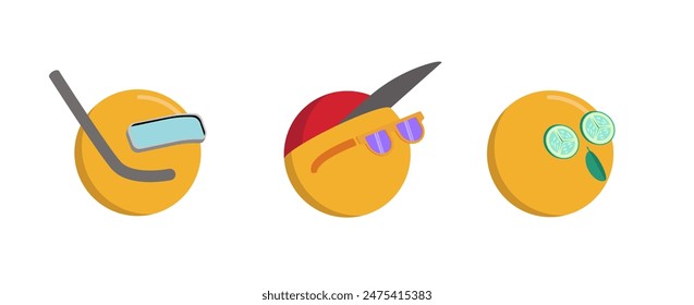 Three characters (orange sun-like spheres) in different situations: swimming underwater with tube and mask, chilling in cap and sunglasses, taking sunbath with cucumbers and leaf. Recreation.