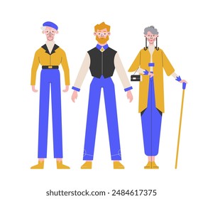 Three characters representing different generations of a family: an elderly man, a young man, and an elderly woman with a cane.  the essence of family ties and generational connections. Vector flat.