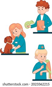 Three Characters Set. Vector Illustration On White Background. Male And Female Veterinarians Doctors With Pets. Characters In Blue Robe. Animal Healthcare Concept