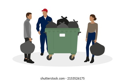 Three characters are standing near a full trash can on a white background