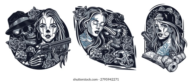 Three characters surrounded by