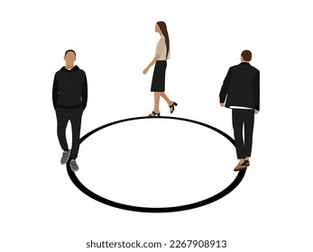 Three characters walking in a circle on a white background