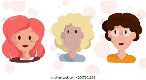 three characters of women of different ages and appearance on a white and beige background