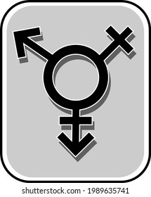 Tres caracteres. Un signo de género y orientación. Señal de baño. Color negro sobre un fondo gris en un marco.