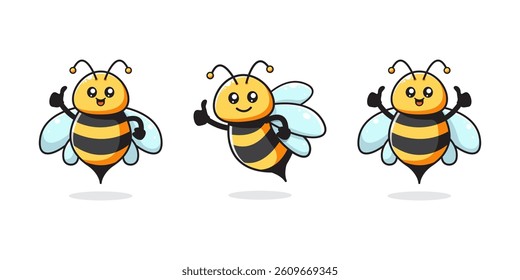 Three charming cartoon bees featuring cheerful faces and playful poses. Perfect for children's designs, education materials, and creative illustration projects.
