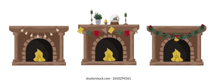 Three charming fireplaces adorned with different holiday decorations create a warm, inviting ambiance. Elements include festive garlands, lights, and seasonal ornaments to celebrate winter.