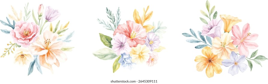 Three charming watercolor floral arrangements showcasing a blend of soft pink, peach, lavender, and yellow blossoms with delicate greenery, all isolated on a transparent background.