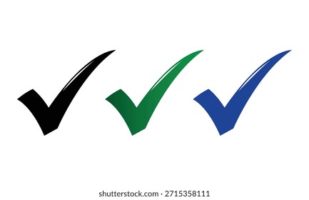 Três marcas de verificação em preto verde e azul preto cheque verde vetor arte isolada em um fundo branco.