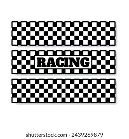 Three checkered sports flags with stroke and sample text and shadow for car and moto racing designs