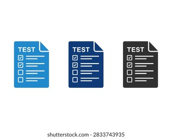 Three checklist icons in blue, dark blue, and black with the word test and checkboxes.