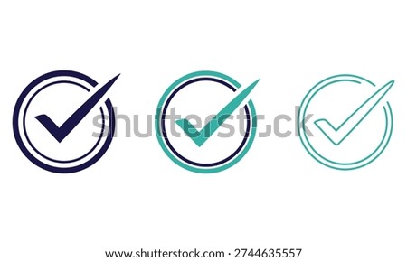 Three checkmark icons in different colors with silhouette style, encircled and isolated on a white background.