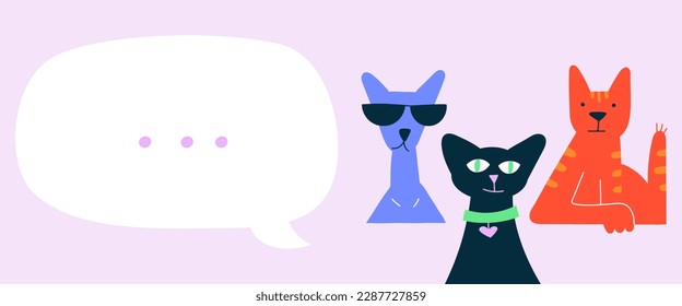 Tres gatos domésticos descarados se sientan y miran directo hacia adelante. Banner horizontal con espacio para texto en burbuja de voz. Dibujo a mano de dibujos animados de ilustración vectorial plana.