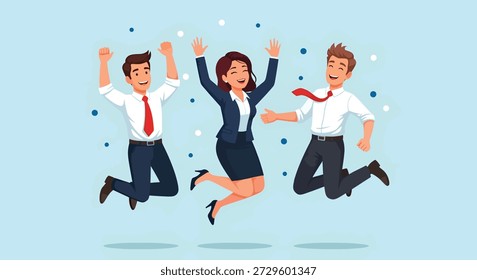 Three cheerful business professionals, two men and one woman, jumping with joy and raised arms, celebrating a successful achievement or victory.
