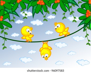 Three cheerful canary on a branch. One of them is sitting upside down. Children's cartoon scene.