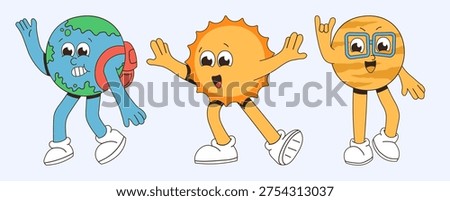 Three cheerful cartoon characters, depicting Earth, the Sun, and a planet with glasses, in a playful and friendly style, perfect for educational or child-friendly content.
