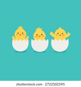 Tres pollitos alegres eclosionan de sus huevos, simbolizando nuevos comienzos y primavera