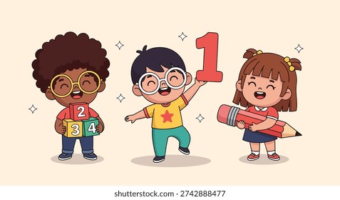 Three cheerful children from diverse backgrounds engage in early learning activities, holding a number one, number blocks, and a large pencil, symbolizing education.