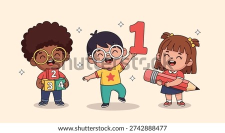 Three cheerful children from diverse backgrounds engage in early learning activities, holding a number one, number blocks, and a large pencil, symbolizing education.