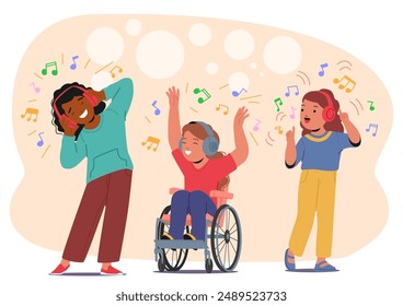 Three Cheerful Children, Including One In A Wheelchair, Enjoying Music With Headphones. Kids Are Dancing And Smiling, Showcasing Inclusivity, Joy, And Friendship Among Children With Disabilities