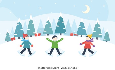 Three cheerful children making snow angels on a snowy hill with pine trees and christmas gifts under a crescent moon.