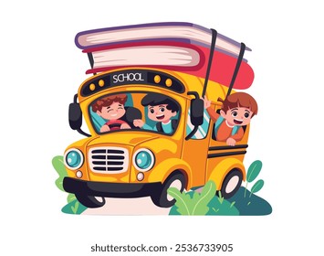 Three cheerful children ride a school bus, excited for the day of learning and adventure.