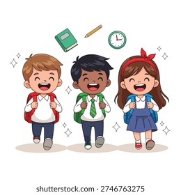 Three cheerful children, two boys and one girl, with backpacks, happily walking to school, symbolizing education and friendship.