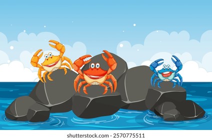 Three cheerful crabs on rocks by the sea
