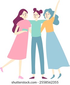 Three cheerful female friends are hugging, celebrating their bond and enjoying a moment of togetherness, with one raising her arm in excitement