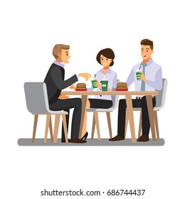 three cheerful friends chatting while lunch in restaurant , vector