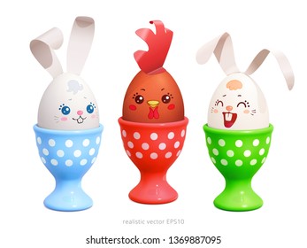 Three cheerful friends. White Easter bunnies and brown rooster are sitting in the egg cups. Realistic vector clipart. Cute eggs are decorated with a painted faces, paper rabbit ears and chicken comb
