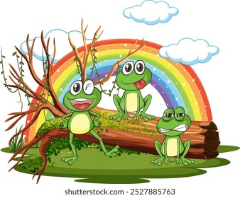 Three cheerful frogs on a log
