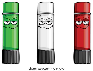 three cheerful glue sticks (green, white, red) vector isolated illustration. Italian flag