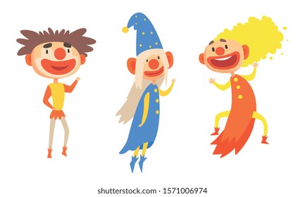 Three Cheerful Holidays Clowns In Colorful Clothes And Hats Vector Illustration Set Cartoon Character