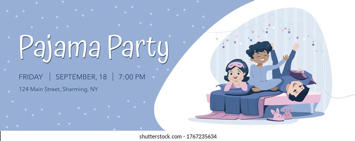 Three cheerful kids of diverse races in blue nightwear lie on the bed, having pajama party. Sleepover and slumber party horizontal banner template.