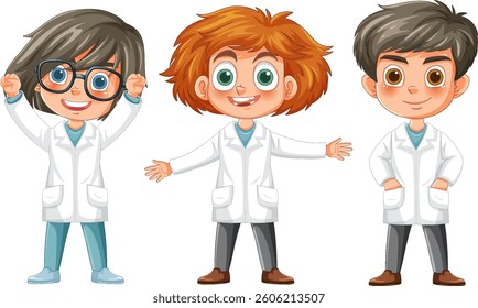 Three cheerful kids wearing lab coats smiling