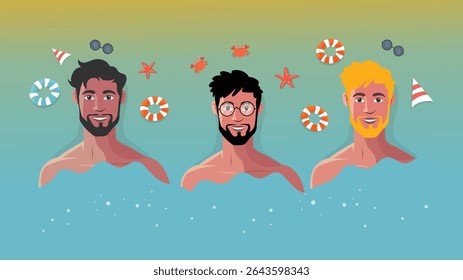 Three cheerful men enjoying summer fun in a playful swimming pool scene
