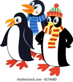 Three cheerful penguins. Vector illustration.